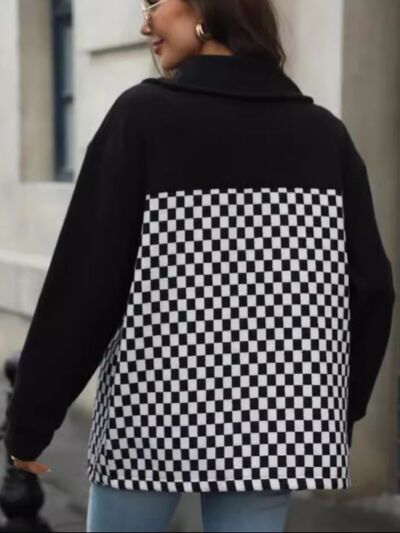 Black Checkered Snap Down Long Sleeve Jacket Stylish & Functional Buttoned Outerwear by Stevvex