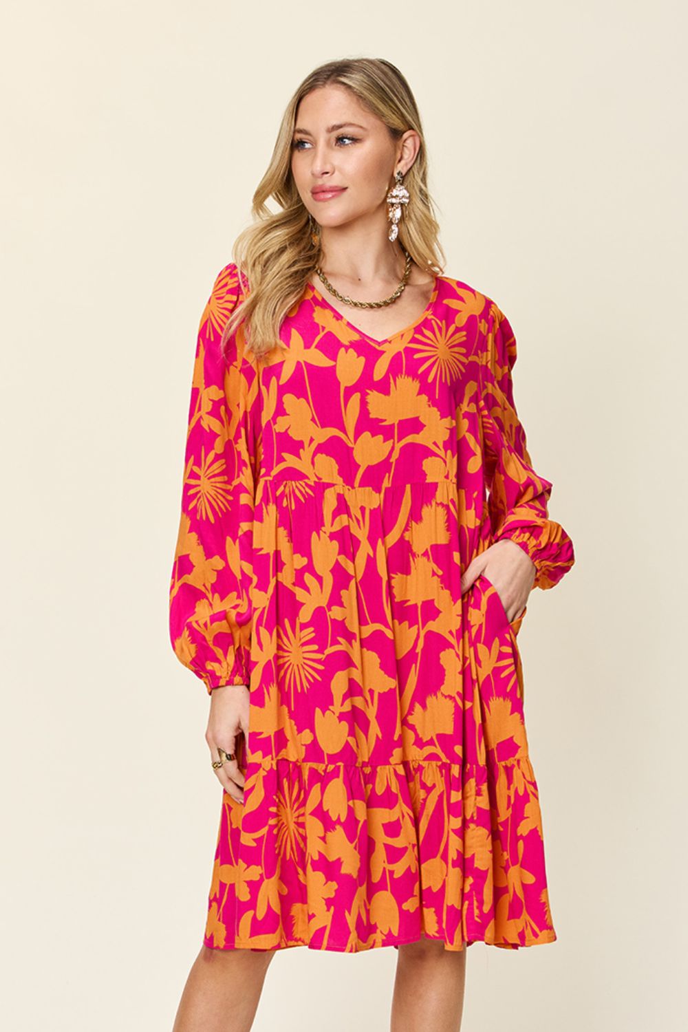 Double Take Full Size Printed Ruffle Hem Dress with Pocket Stylish & Functional Women Dress by Stevvex