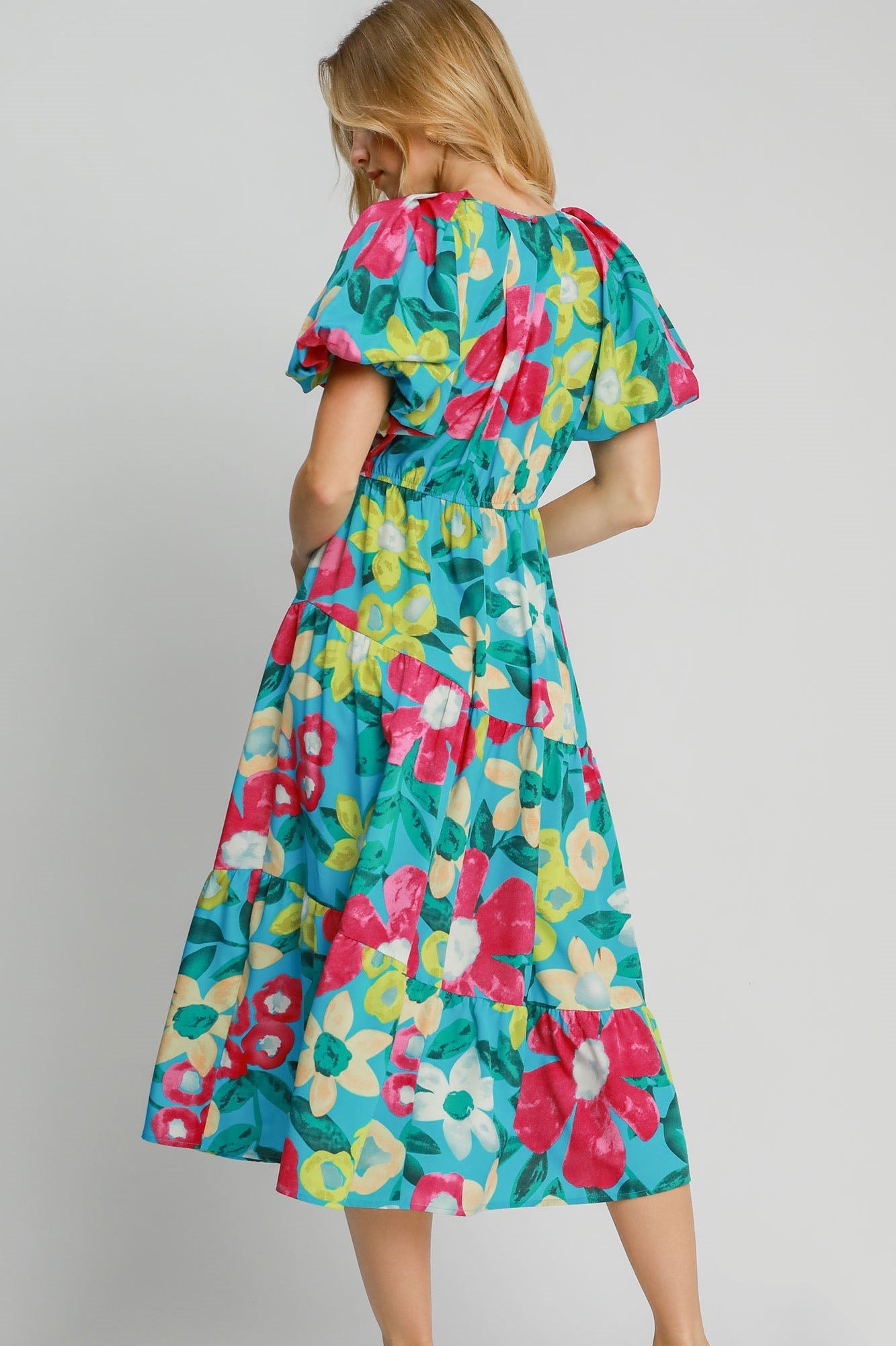 Beautiful Full Size Floral Print Puff Sleeve Midi Dress Plus Size Trendy & Chic Dress Modern Design by Stevvex