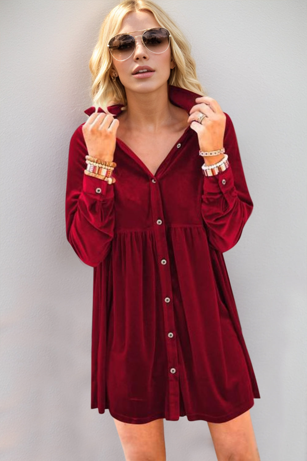 Deep Red Full Size Collared Neck Long Sleeve Mini Dress Classic & Stylish Women Dress by Stevvex