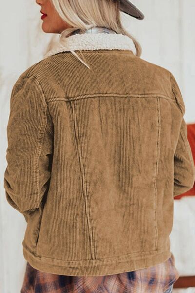 Vintage Women Winter Corduroy Snap Down Jacket With Collared Neck and Plush Lining by Stevvex