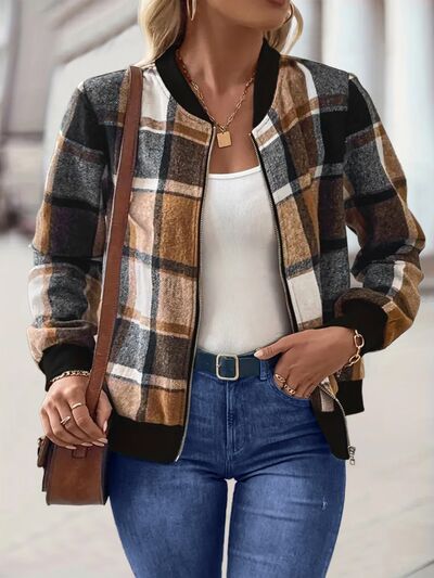 Plus Vintage Size Plaid Baseball Collar Zip-Up Jacket Trendy & Comfortable Outerwear for Any Occasion by Stevvex