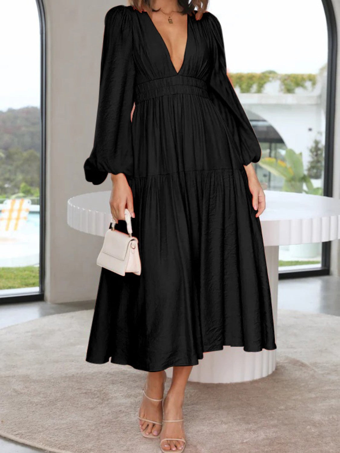 Lightweight Deep V-Neck Balloon Sleeve Maxi Dress Elegant & Flowing Silhouette Unique Dress by Stevvex