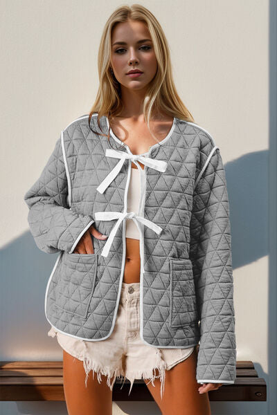 Charming Double Take Contrast Trim Tie Front Quilted Jacket with Pockets Elegant & Cozy Outerwear by Stevvex