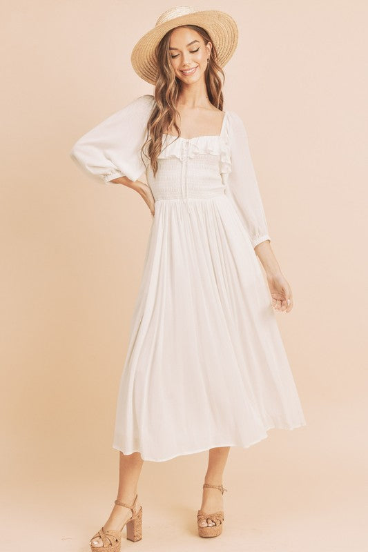 New Summer Ruffled Smocked Square Neck Balloon Sleeve Comfortable Dress – Feminine, Chic, and Elegant for Any Occasion by Stevvex
