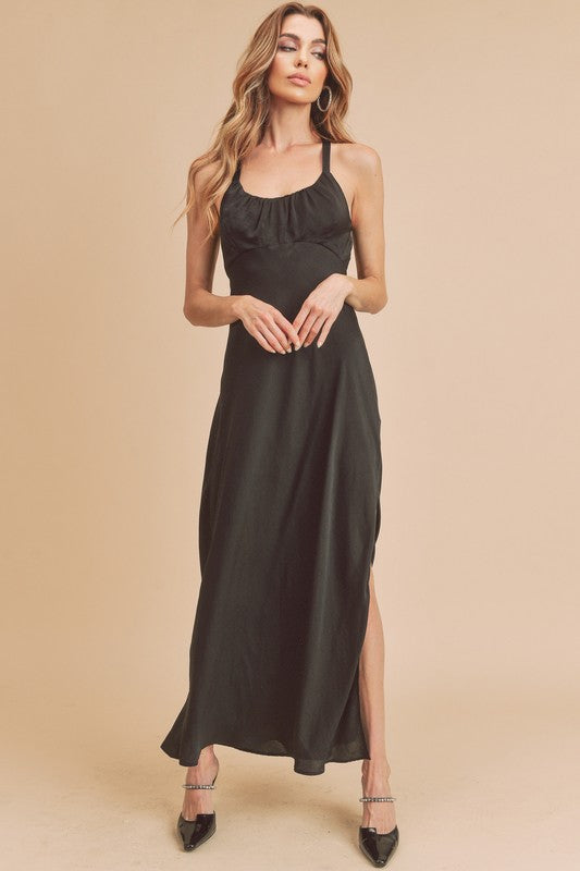 Ruched Side Slit Cutout Back Maxi Cami Dress For Women – Elegant, Romantic & Alluring with Flattering Fit and Glamorous Details by Stevvex