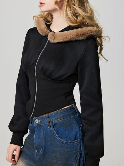 Black Fuzzy Hem Hooded Zip-Up Jacket With Long Sleeves and Casual Style Jacket by Stevvex
