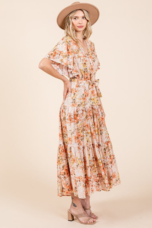 New Summer Floral Tie Waist Flutter Sleeve Tiered Dress – Graceful and Feminine Dress with Bohemian Charm and Flattering Tie Waist