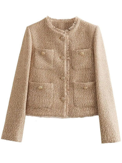 Luxury Camel Raw Hem Pocketed Round Neck Jacket Edgy & Casual Lightweight Outerwear by Stevvex