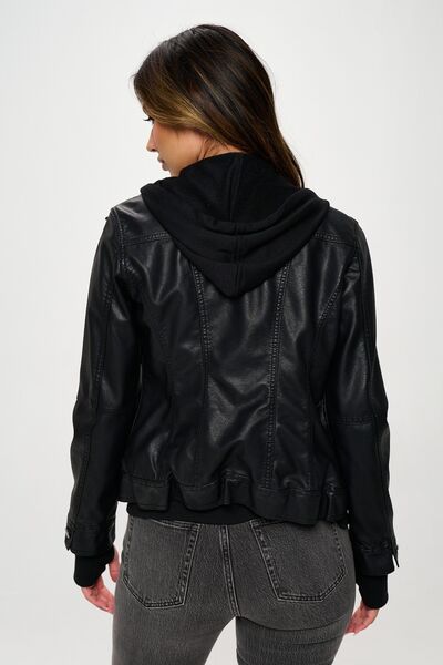 Black Double Zip Hooded Long Sleeve Jacket Modern & Functional Vegan Leather Outerwear by Stevvex