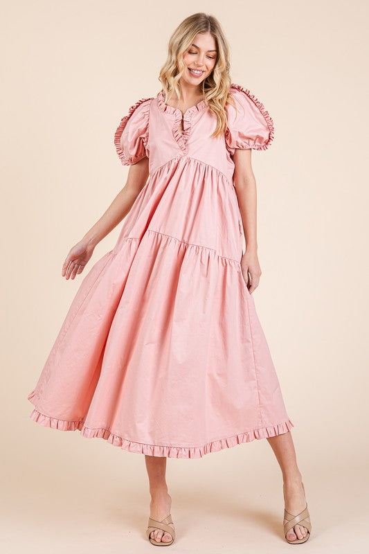 Ruffle Trim Puff Sleeve Tiered Babydoll Midi Dress – Fluttering, Sweet, Elegant, Feminine, and Trendy Babydoll Midi Dress with Ruffle Trim and Puff Sleeves by Stevvex