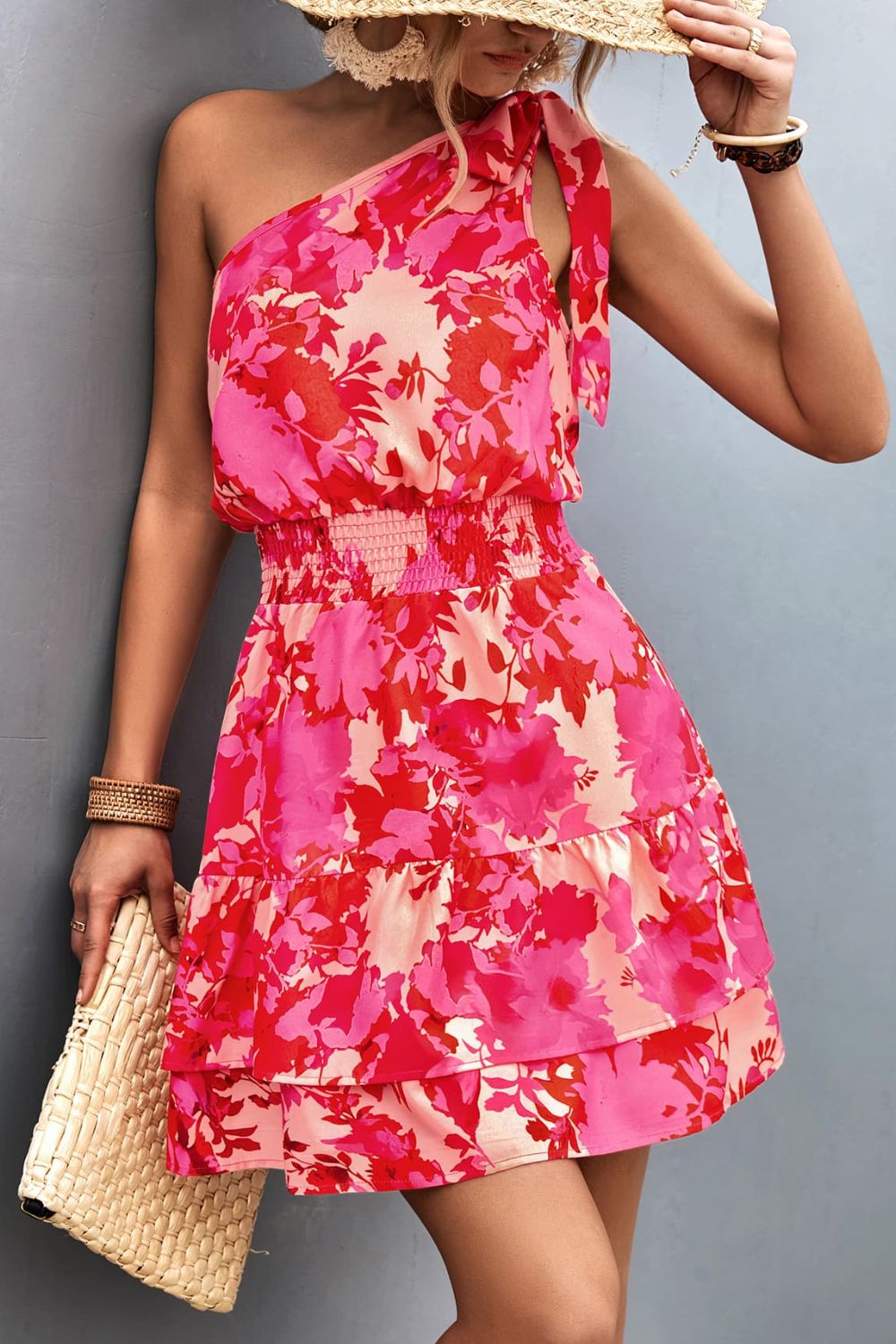Pink Smocked Printed Single Shoulder Dress Feminine & Flattering Summer Style Dresses by Stevvex
