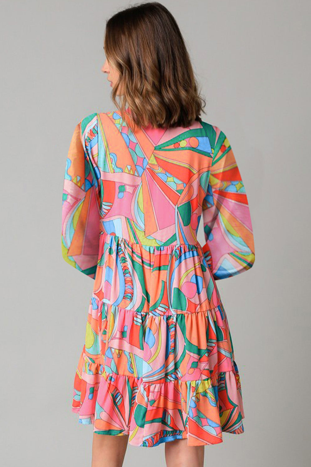 Multicolored Printed Long Sleeve Tie Neck Mini Dress Playful Statement Piece Charming Colored Dress by Stevvex