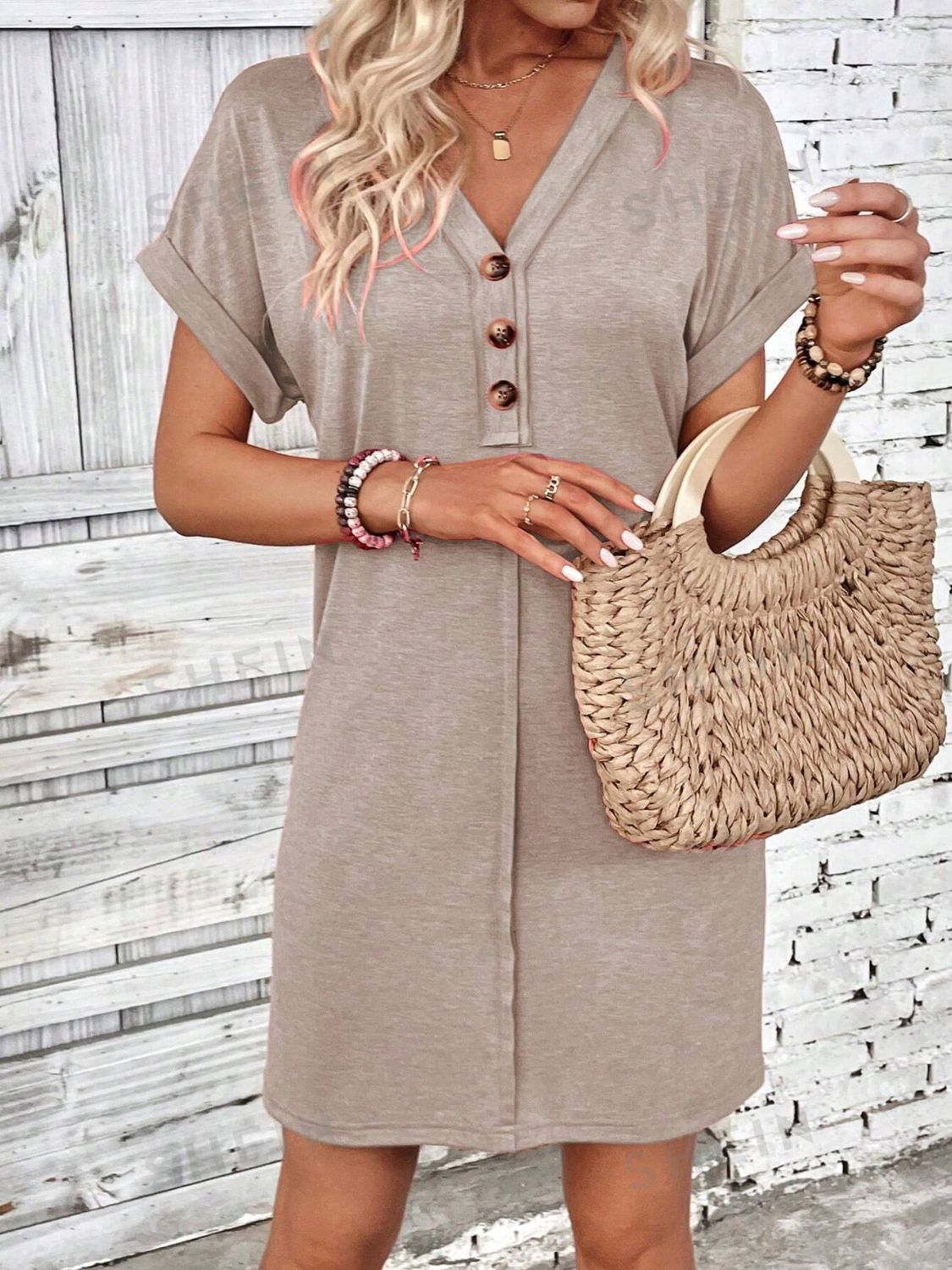 Elegant Button V-Neck Short Sleeve Dress Flattering Casual & Office Wear Simple Dress by Stevvex
