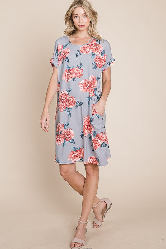 Floral Round Neck Short Tee Dress with Pockets For Women – Comfortable, Casual & Functional for Everyday Wear by Stevvex