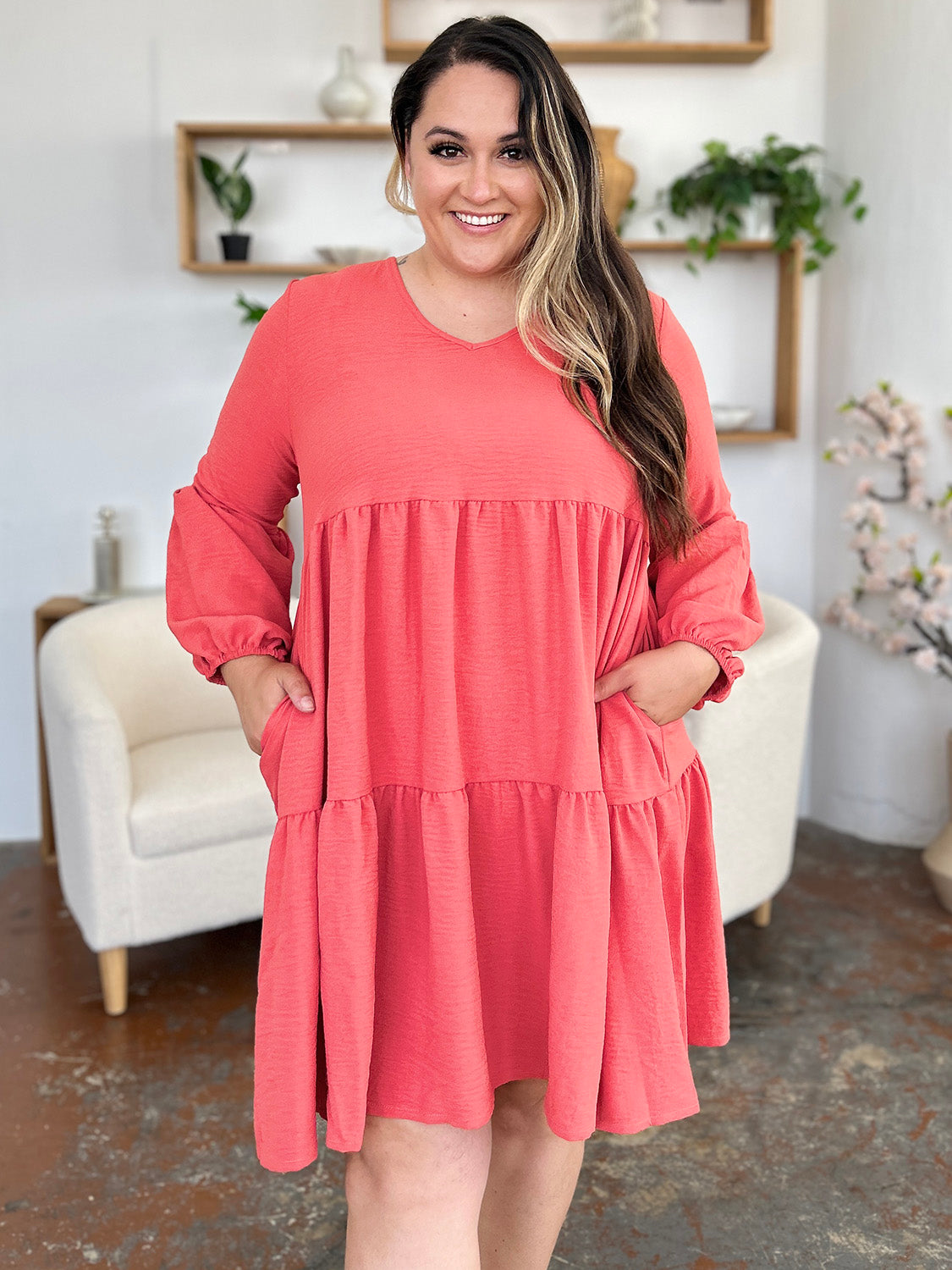 Light Green Double Take Full Size V-Neck Sleeve Tiered Dress with Pockets Elegant & Comfortable Casual Dress by Stevvex