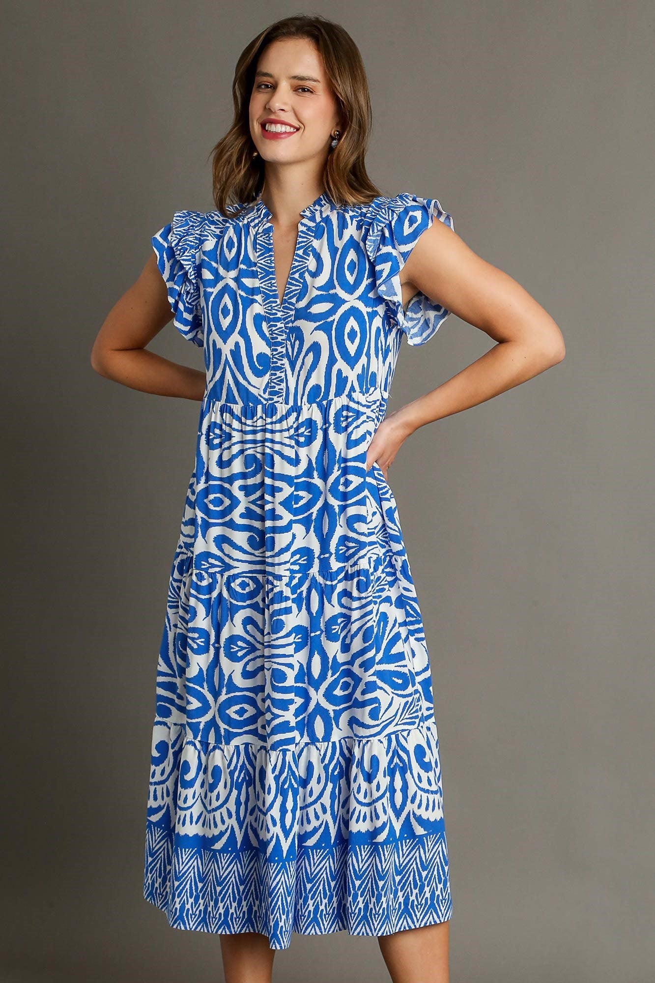 Blue Full Size Two-Tone Print Ruffle Cap Sleeve Midi Dress Plus Size Statement Piece Dress by Stevvex