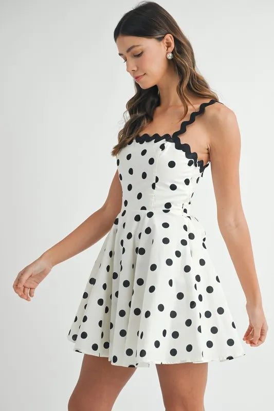 Polka Dot Mini Dress with Ricrac Trim Strap – Fun Polka Dot Pattern, Fluttering, Unique Ricrac Trim Strap, Playful and Stylish Mini Dress, Versatile Summer Dress