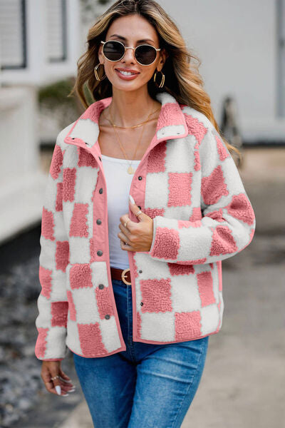 Elegant Checkered Snap Down Long Sleeve Teddy Jacket Soft & Warm Colorful Jacket by Stevvex