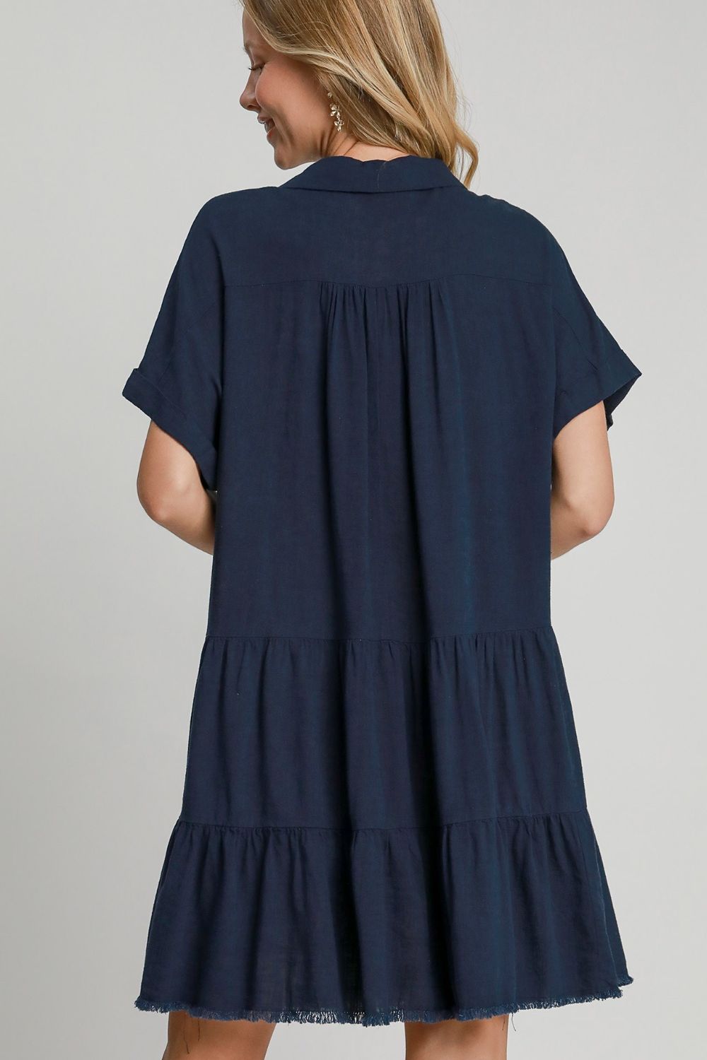 Women Dark Navy Full Size Raw Hem Folded Sleeve Dress Casual Plus Size Simple Dress by Stevvex