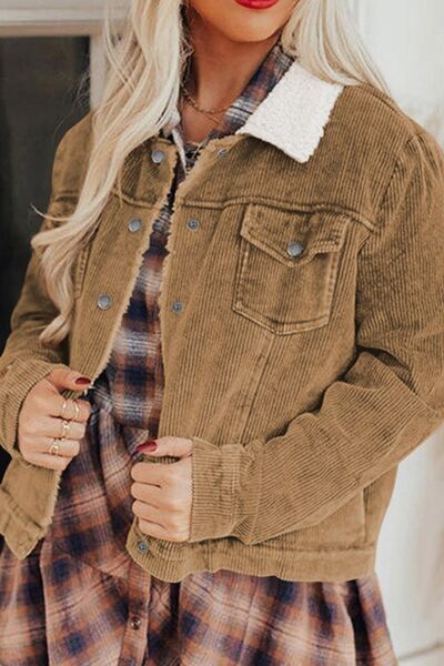 Vintage Women Winter Corduroy Snap Down Jacket With Collared Neck and Plush Lining by Stevvex