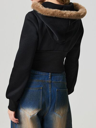 Black Fuzzy Hem Hooded Zip-Up Jacket With Long Sleeves and Casual Style Jacket by Stevvex