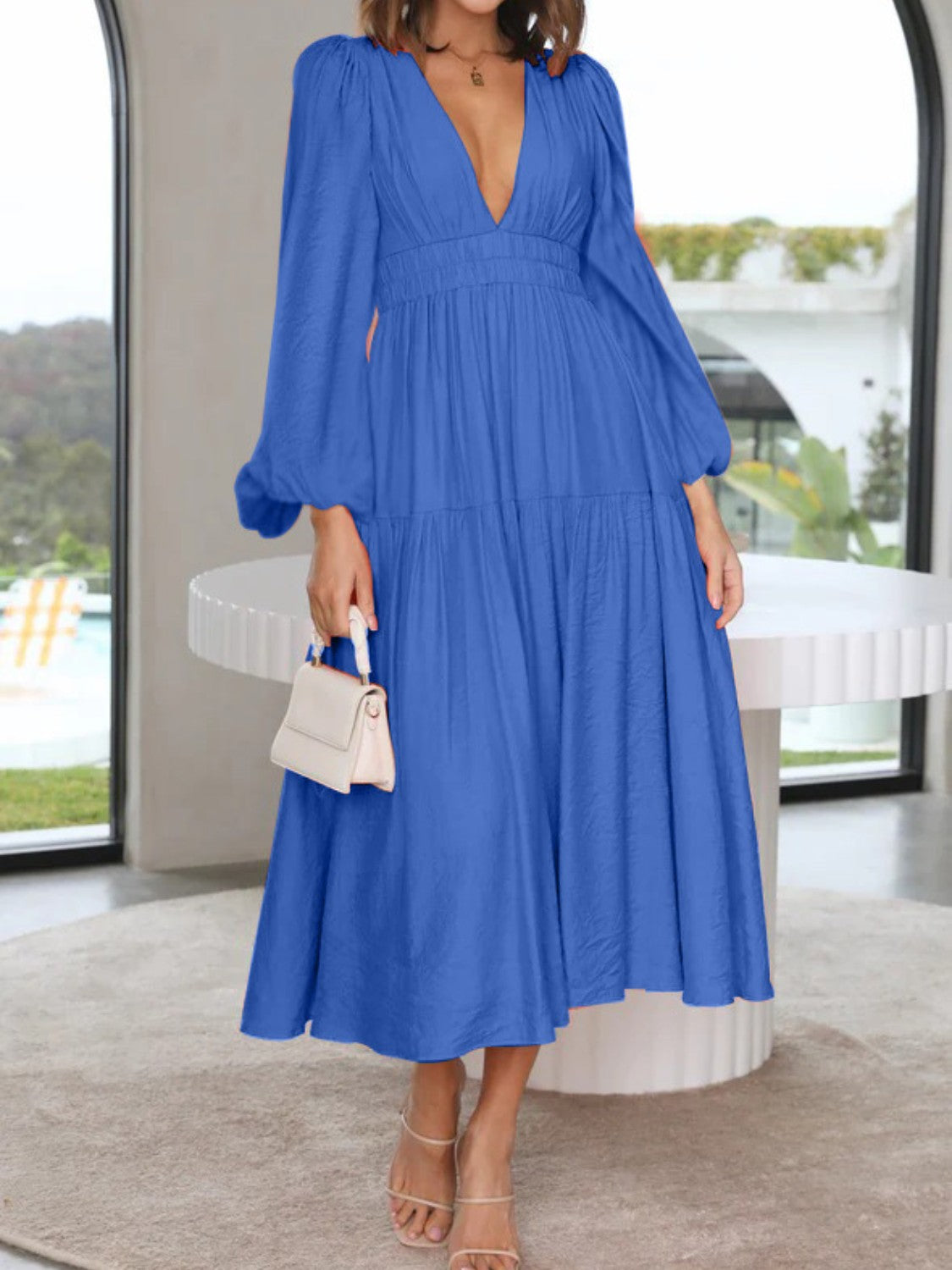 Lightweight Deep V-Neck Balloon Sleeve Maxi Dress Elegant & Flowing Silhouette Unique Dress by Stevvex