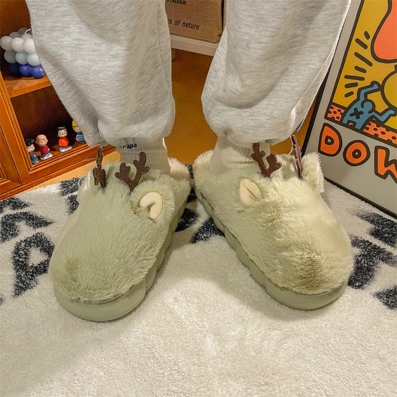White Slippers For Women Fuzzy Cute Antlers Warm Animal Memory Foam Plush Women Men Indoor Outdoor Bedroom Slippers Fur Home Slippers For Women Memory Foam Anti-Slip Cozy Fluffy Outdoor Indoor Warm Slippers