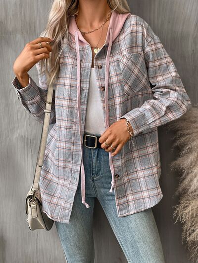 Plaid Buttoned Long Sleeve Hooded Jacket for Women – Cozy & Stylish Cotton-Blend Outerwear by Stevvex