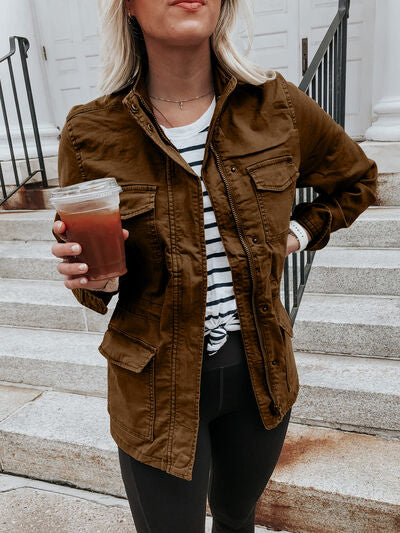 Retro Pocketed Long Sleeve Zip-Up Jacket Lightweight & Stylish Outerwear for Everyday Wear by Stevvex