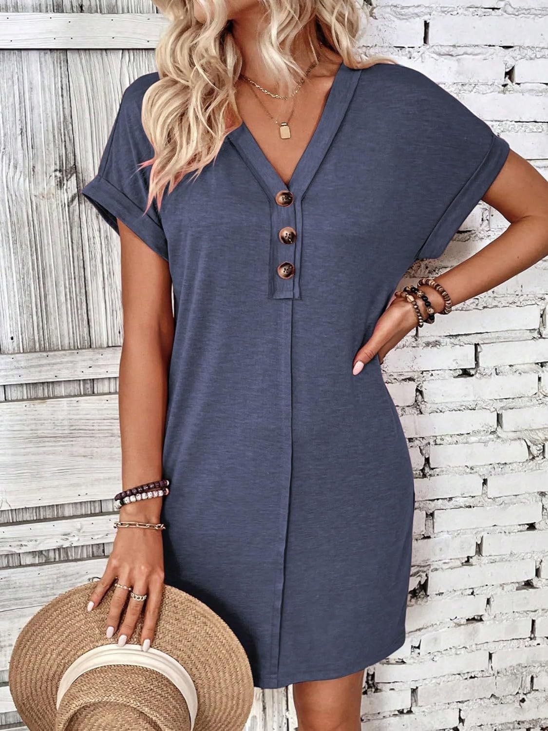 Elegant Button V-Neck Short Sleeve Dress Flattering Casual & Office Wear Simple Dress by Stevvex