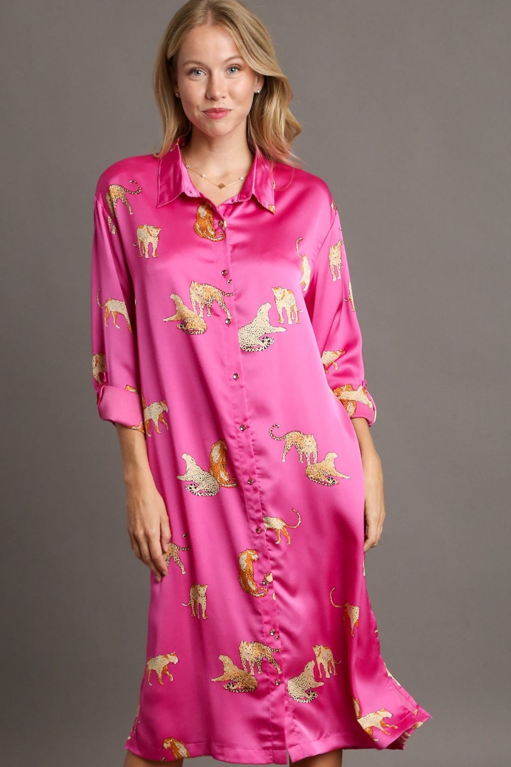 Bold Animal Print Button Down Midi Shirt Dress for Plus Size Women Comfortable, Chic & Elegant Buttoned Print Midi Dress with Slit by Stevvex
