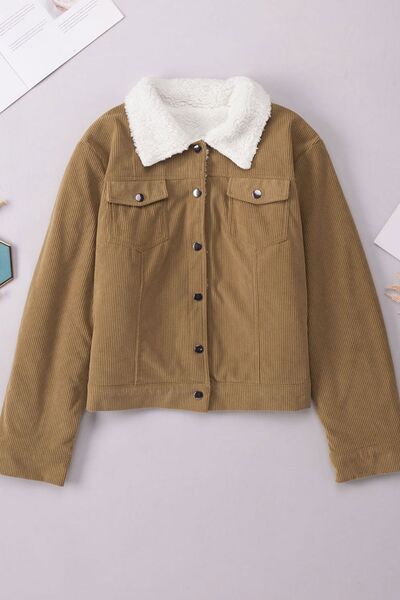 Vintage Women Winter Corduroy Snap Down Jacket With Collared Neck and Plush Lining by Stevvex