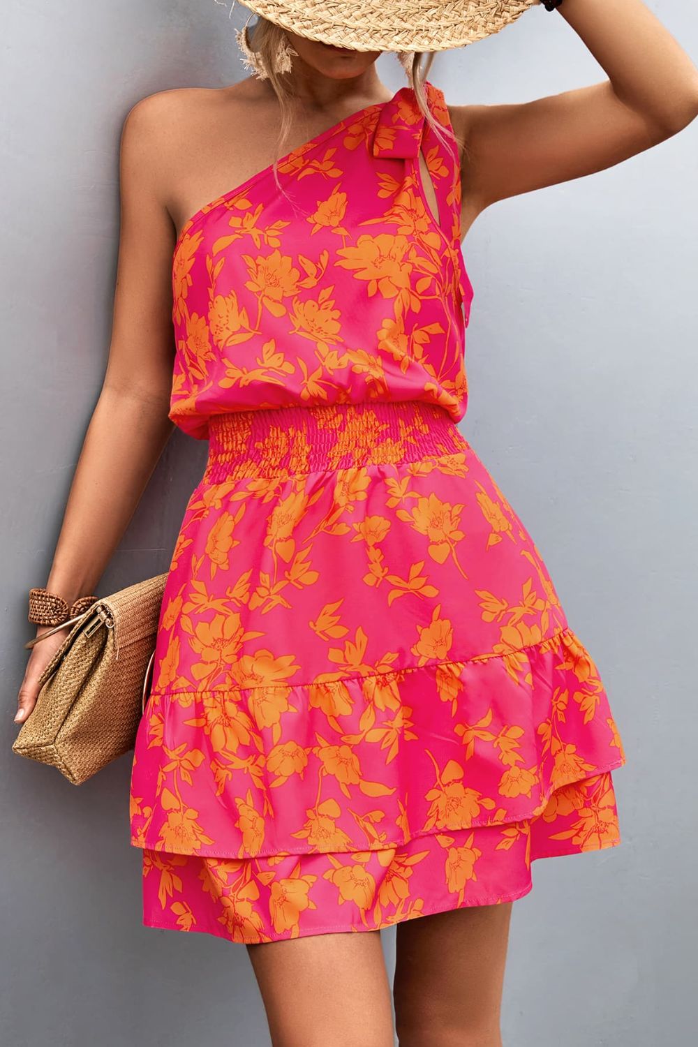 Pink Smocked Printed Single Shoulder Dress Feminine & Flattering Summer Style Dresses by Stevvex