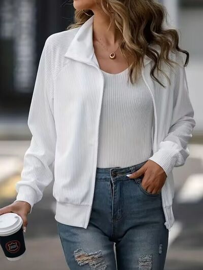 Simple White Zip Up Collared Neck Raglan Sleeve Jacket Comfortable Versatile Casual Women Wear by Stevvex