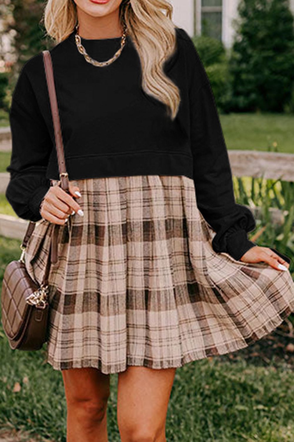 Vintage Plaid Round Neck Long Sleeve Mini Dress Cozy & Stylish Dress Retro Design Dress For Party by Stevvex