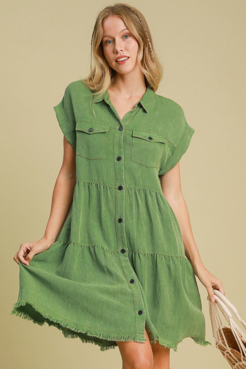 Green Full Size Button-Down Shirt Dress Plus Size Casual & Simple Lightweight Dress by Stevvex