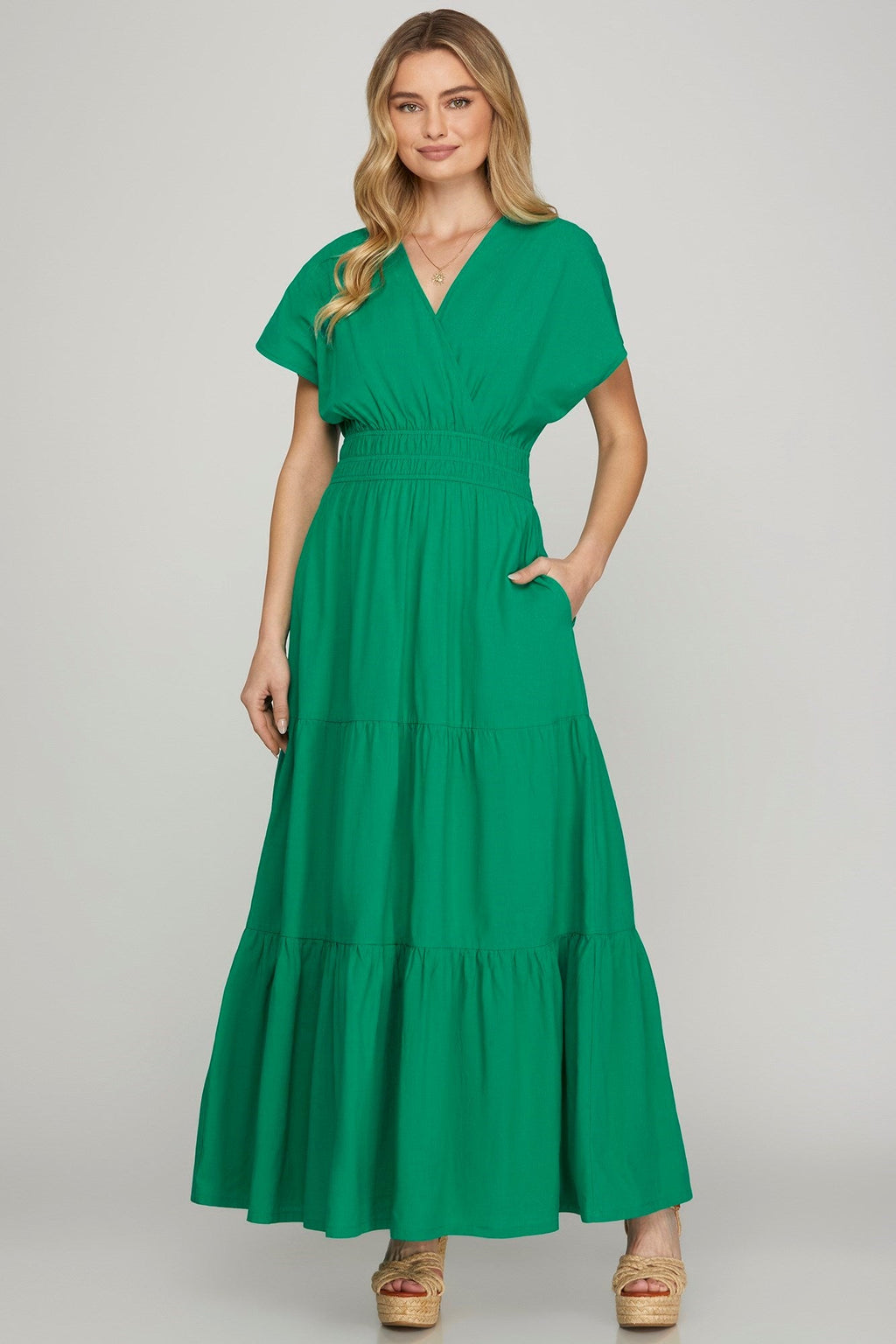 Surplice Short Sleeve Tiered Maxi Dress With Pockets For Women – Fluttering, Elegant and Versatile Maxi Dress with Surplice Neckline and Pockets