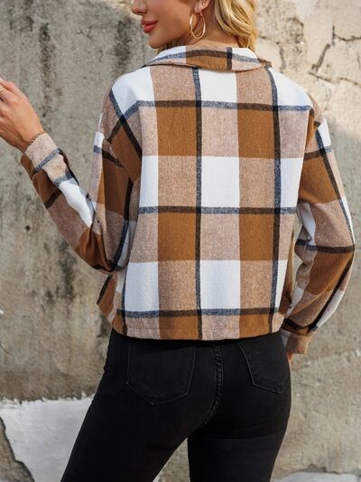 Women Brown Plaid Collared Neck Cropped Jacket Trendy & Versatile Outerwear by Stevvex
