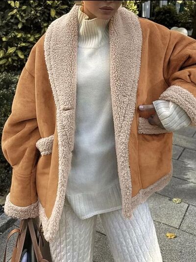 Fuzzy Collared Neck Long Sleeve Jacket with Buttoned Closure and Cozy Pockets by Stevvex