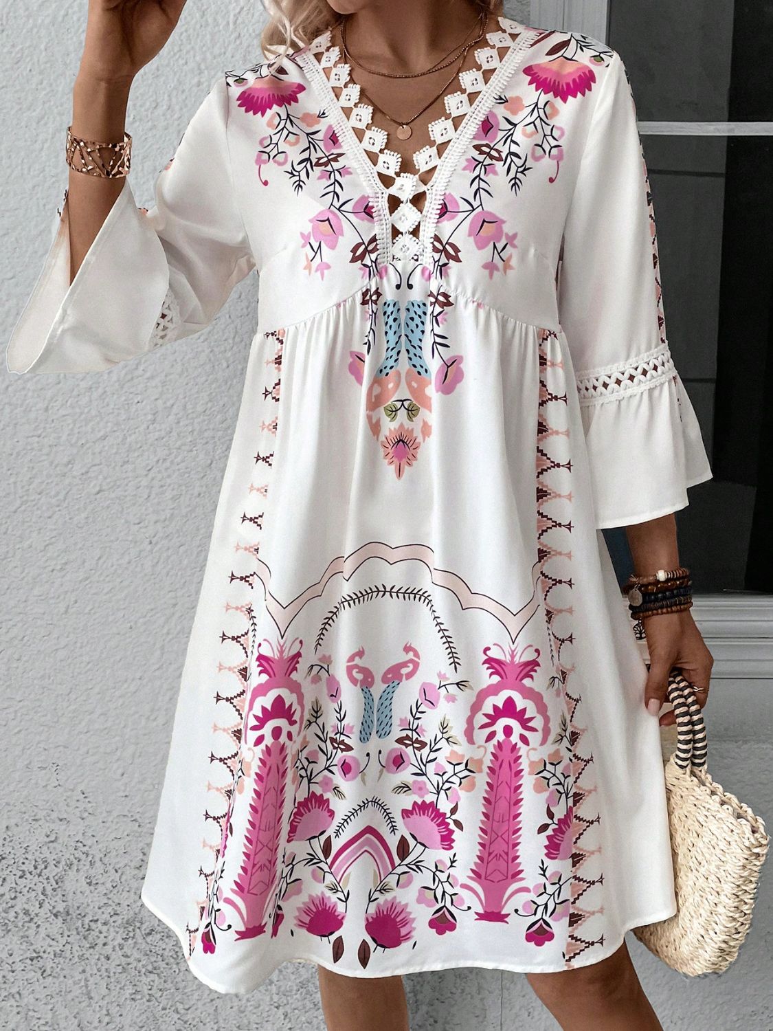 Exquisite Summer Feminine Lace Detail Printed Dress Chic Midi Lightweight Dress by Stevvex