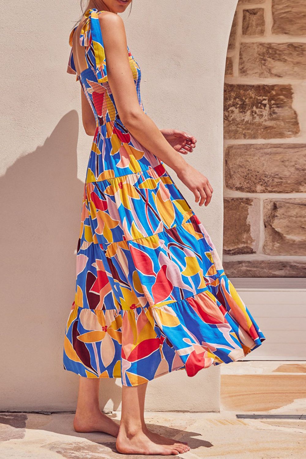 Multicolored Floral Tie-Shoulder Smocked Maxi Dress Elegant & Flowy Summer Style Dress by Stevvex