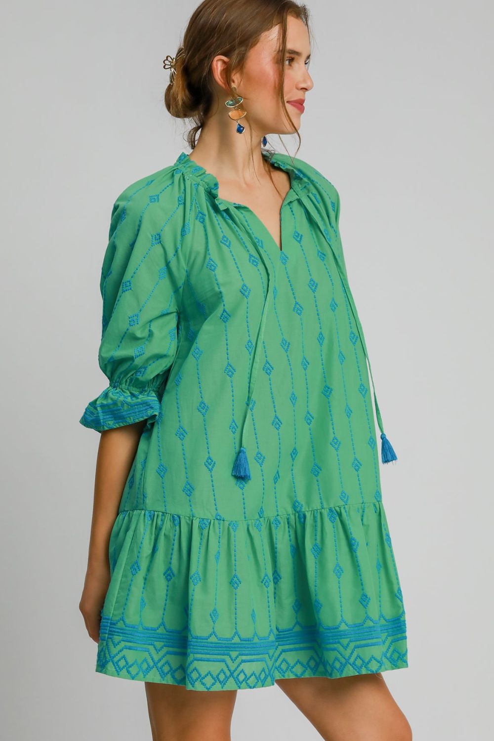 Full Size Tassel Embroidered Sleeve Mini Dress Plus Size Feminine & Stylish Green Dress by Stevvex