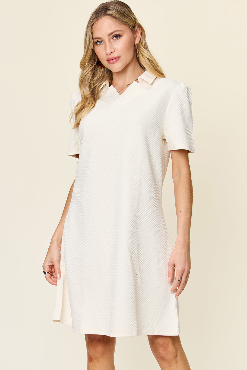 Double Take Full Size Texture Collared Neck Short Sleeve Dress Textured Dress For Women by Stevvex
