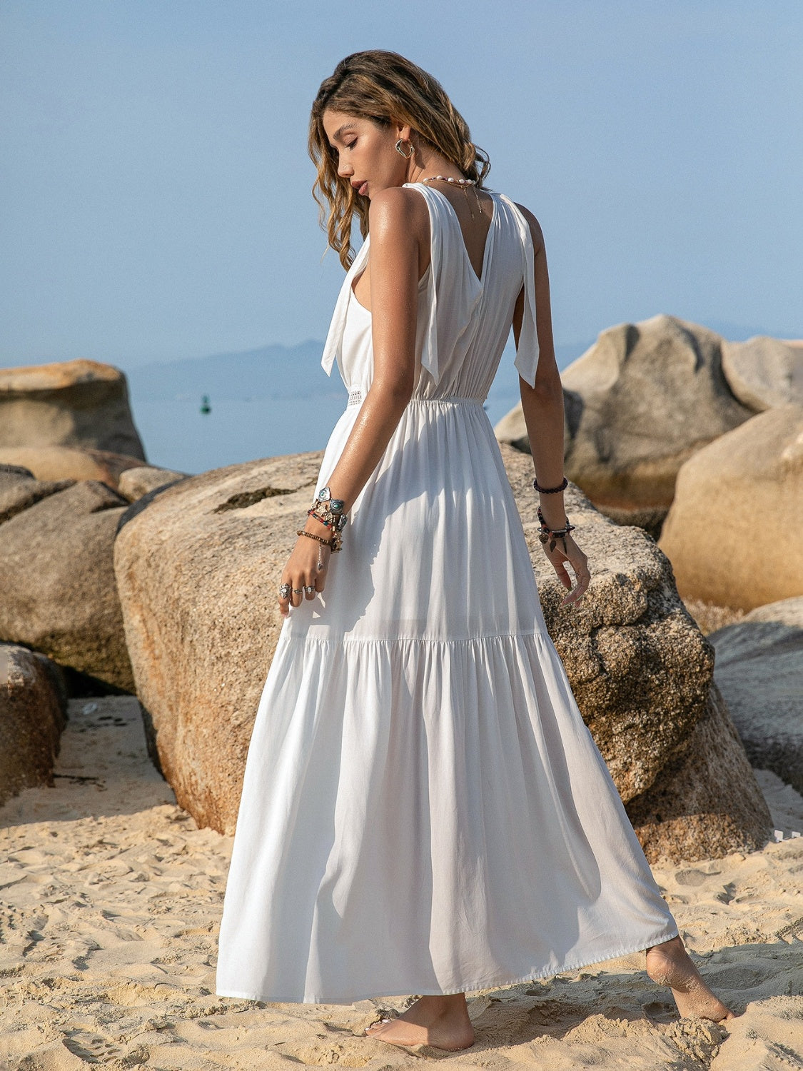 White V-Neck Tie Shoulder Maxi Dress Effortless & Flowy Summer Essential Long Girls Dress by Stevvex