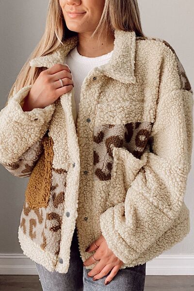 Comfortable Leopard Print Sherpa Jacket with Collared Neck And Functional Pockets Soft Women Jacket by Stevvex