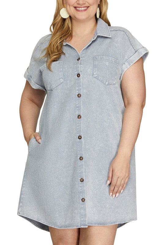 Blue Grey Full Size Folded Cuff Button-Down Shirt Dress Plus Size Casual Simple Women Dress by Stevvex
