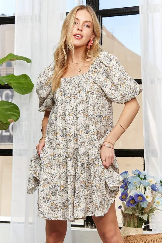 New Summer Floral Square Neck Puff Sleeve Dress For Women – Feminine, Fluttering, Romantic, Vintage-Inspired Floral Dress