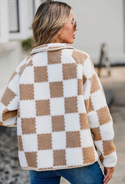 Elegant Checkered Snap Down Long Sleeve Teddy Jacket Soft & Warm Colorful Jacket by Stevvex