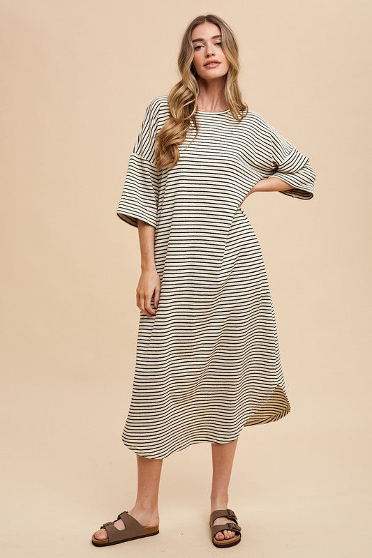 Striped Round Neck Midi Dress Soft & Stylish Classic Design Long Dress by Stevvex